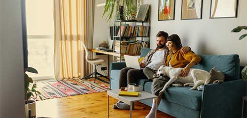 couple sitting on couch with laptop and dog