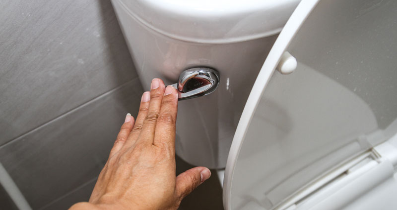 A hand flushing the toilet