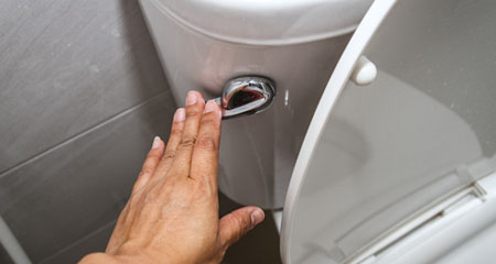 A hand flushing the toilet