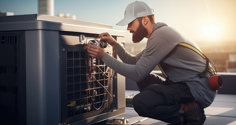Photo of an HVAC technician fixing an air conditioner 