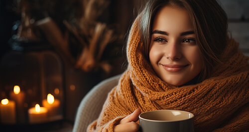 Girl holding a cup of coffee wrapped in a cozy blanket