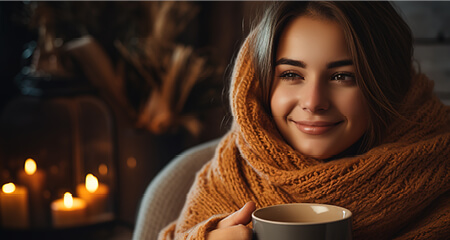 Girl holding a cup of coffee wrapped in a cozy blanket