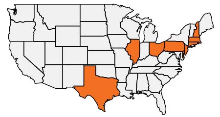 United States map with areas we serve highlighted orange