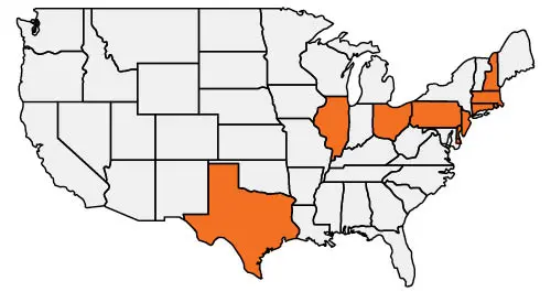 United States map with areas we serve highlighted orange