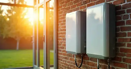 Energy storage batteries on brick wall outside house