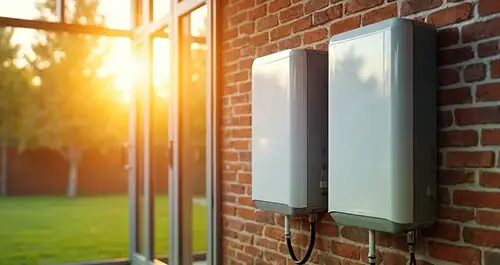 Energy storage batteries on brick wall outside house