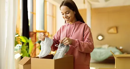 Girl packing her sneakers into a box