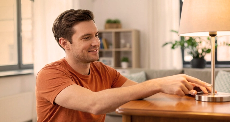 Man turning off a table lamp switch