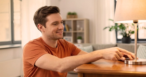 Man turning off a table lamp switch