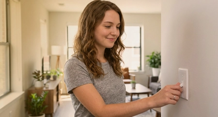 Woman switching off a light switch