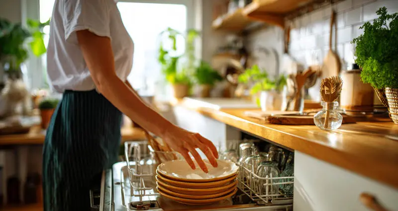 Woman loading dishwasher in kitchen