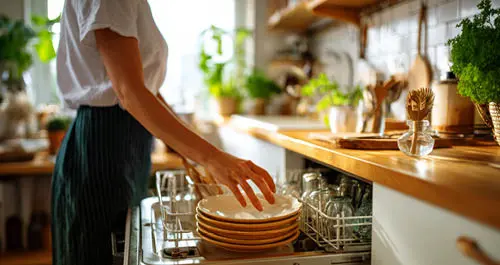 Woman loading dishwasher in kitchen