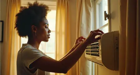 Woman replacing filter on air conditioner
