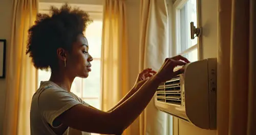 Woman replacing filter on air conditioner