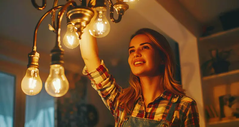 Woman replacing led light bulbs in chandelier