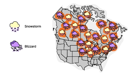 Illustration of snow, storm and rain clouds in circulation
