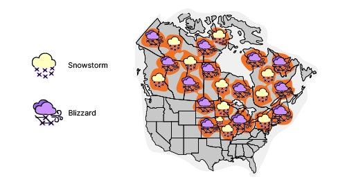 Illustration of snow, storm and rain clouds in circulation