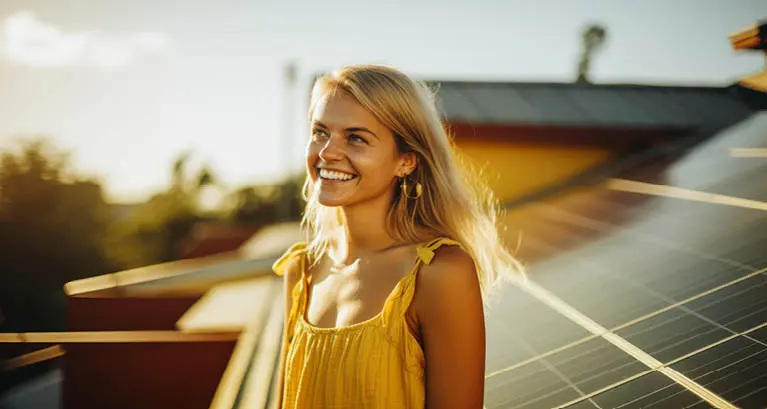 Happy homeowner standing near solar roof