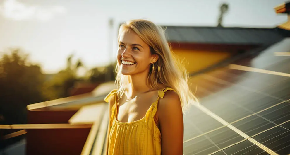 Happy homeowner standing near solar roof