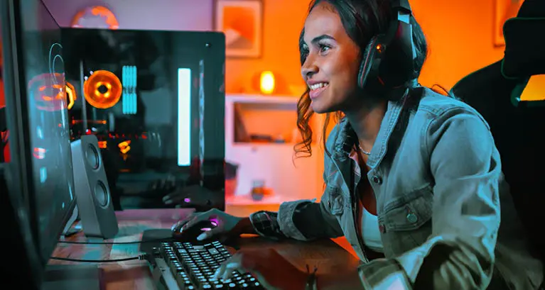 Streamer gamer engaged in duel at keyboard