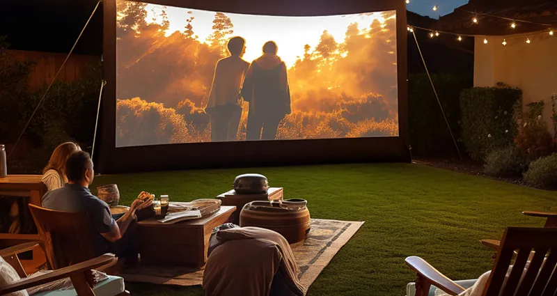 Family watching movie in backyard at night