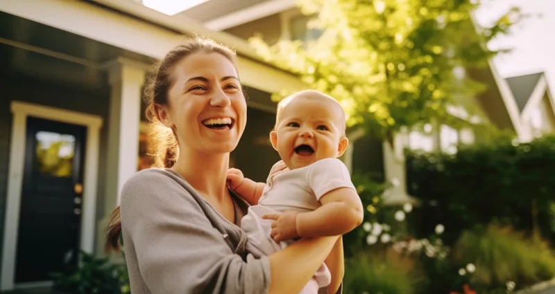 mom holding baby laughing