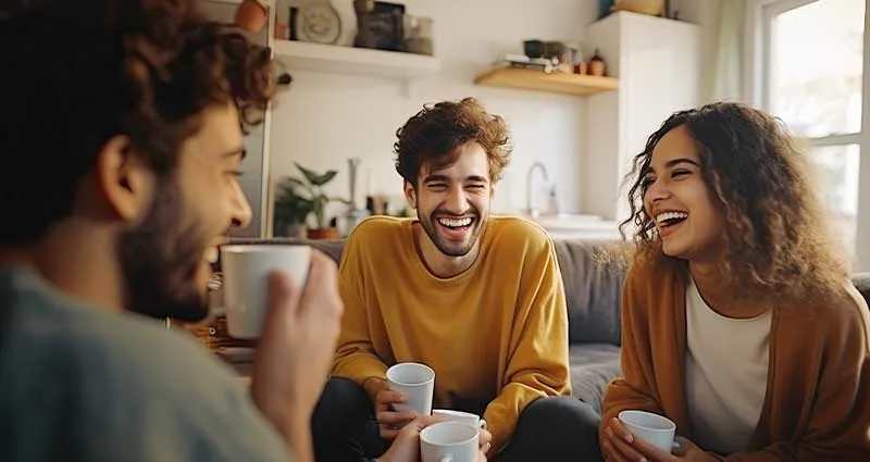 three friends sitting drinking beverages and laughing