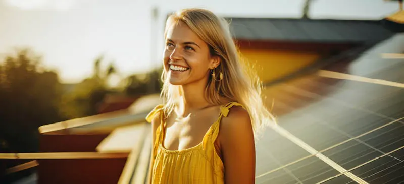 Happy homeowner standing near solar roof