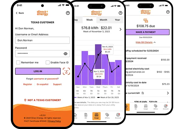 Direct Energy app screens