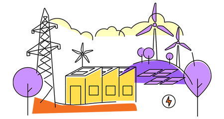Illustration of a renewable power plant using wind turbines and solar panels to generate electricity for an electrical grid