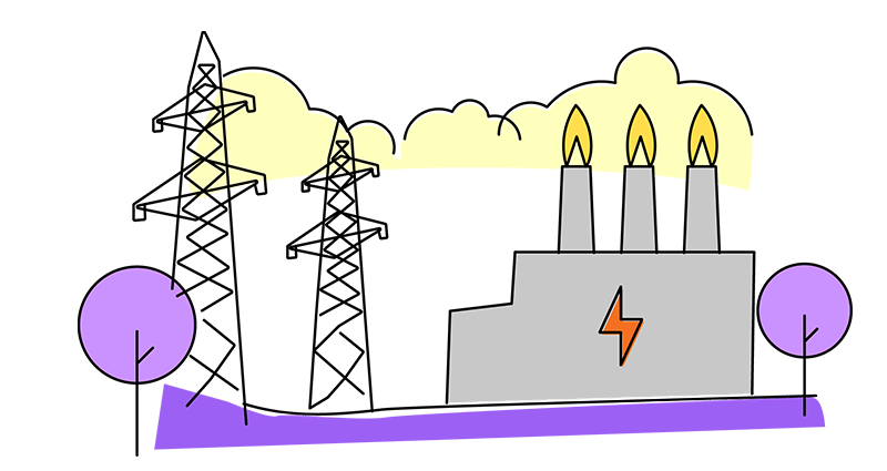 Illustration of electricity pylons and a power plant