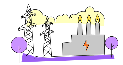 Illustration of electricity pylons and a power plant