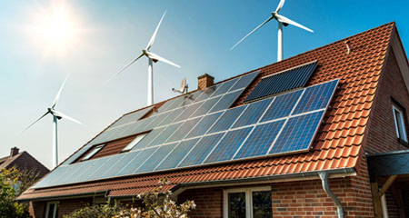 Image of a home with solar panels and wind turbines