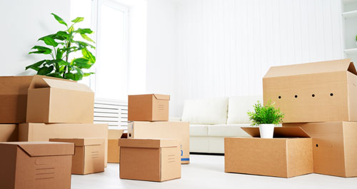 Many cardboard boxes on floor of new home