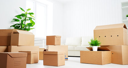 Many cardboard boxes on floor of new home