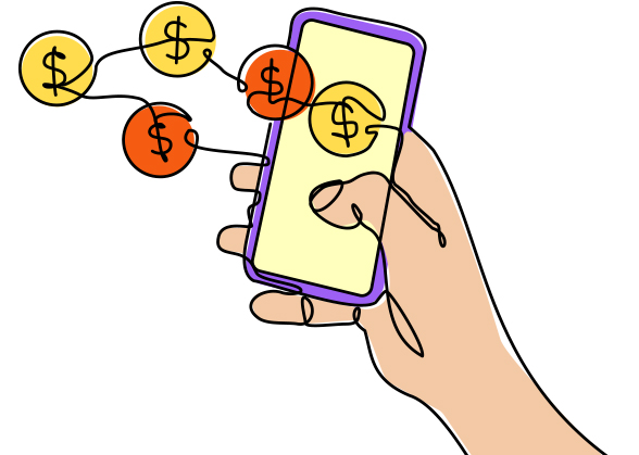illustration of hand with cell phone mobile wallet