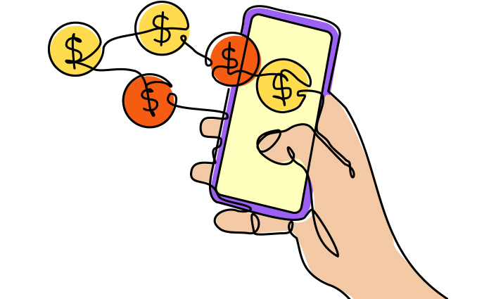 illustration of hand with cell phone mobile wallet