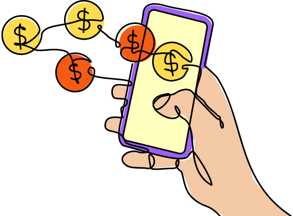 illustration of hand with cell phone mobile wallet