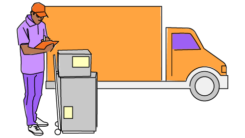 illustration of professional mover in front of truck with dolly and boxes