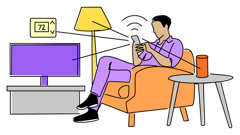 illustration of man in smart home with smartphone and thermostat