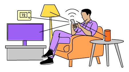 illustration of man in smart home with smartphone and thermostat