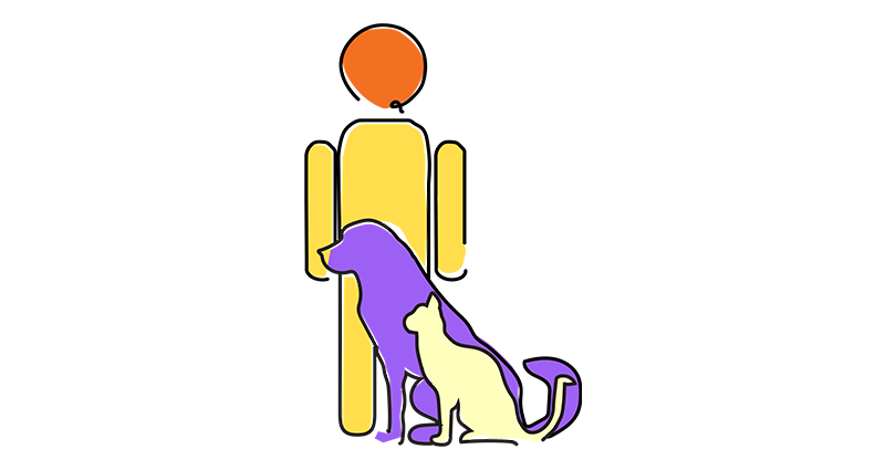 Illustration of a human figure alongside a dog and a cat